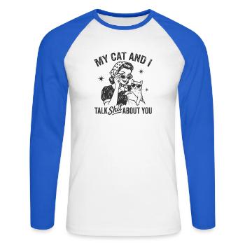 Chat Talk dans un cadeau de potins rétro - T-shirt baseball manches longues Homme - blanc/bleu royal - Devant - Nik (191cm)