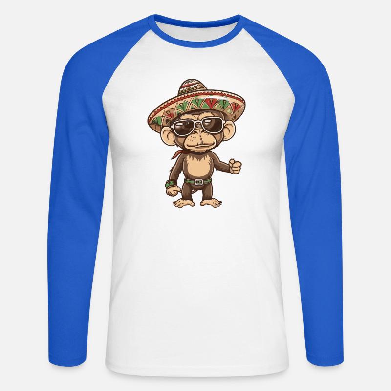 Monkey Comic Funny Sombrero - Unisex Long Sleeve Baseball T-Shirt - white/royal blue