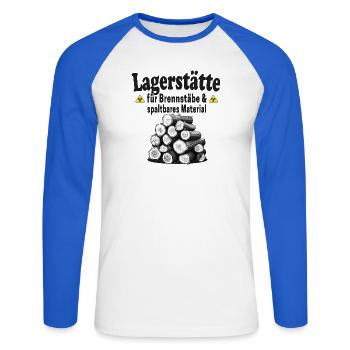 Lagerstätte Brennstäbe lustiger Holz Spruch - Unisex Baseballshirt langarm - Weiß/Royalblau - Vorne - Nik (191cm)