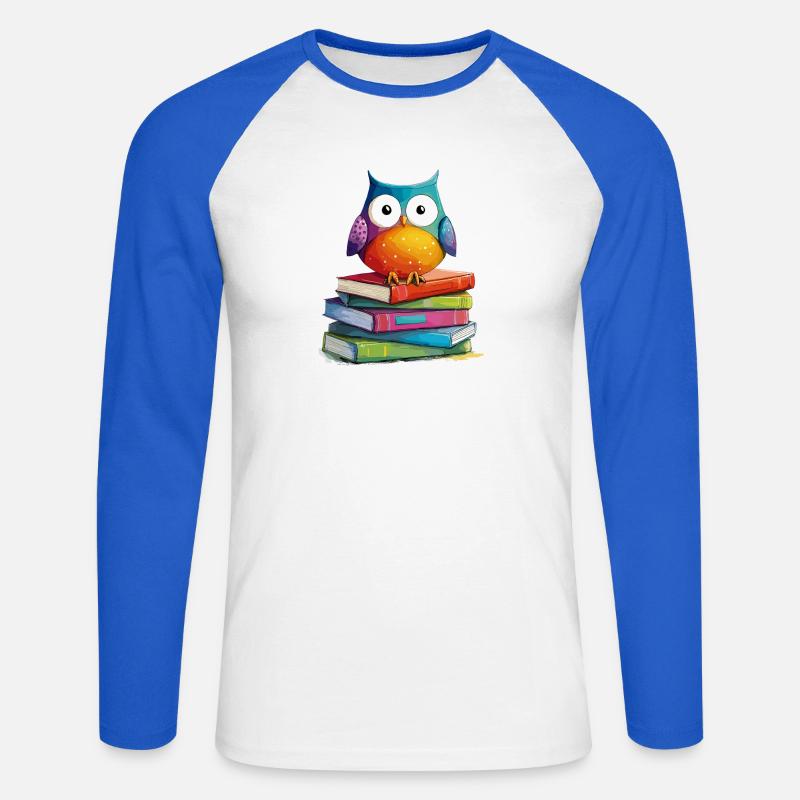 Bücherstapel Eule - Unisex Baseballshirt langarm - Weiß/Royalblau