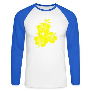 Yellow Hibiscus Triple Flower Silhouette - Unisex Long Sleeve Baseball T-Shirt - white/royal blue - Front - Nik (191cm)