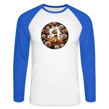 Dahlia Circle Dancer in Orange - Unisex Long Sleeve Baseball T-Shirt - white/royal blue - Front - Nik (191cm)