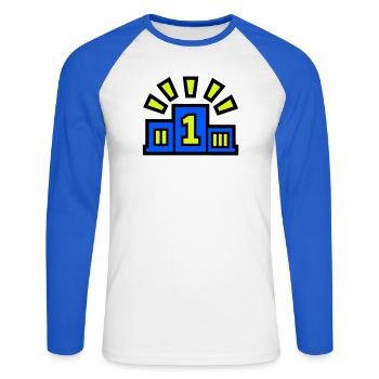 Vainqueur Podium Place 1 Champion - T-shirt baseball manches longues Homme - blanc/bleu royal - Devant - Nik (191cm)