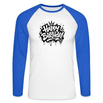 Motif de fête graffiti pour joyeux anniversaire - T-shirt baseball manches longues Homme - blanc/bleu royal - Devant - Nik (191cm)