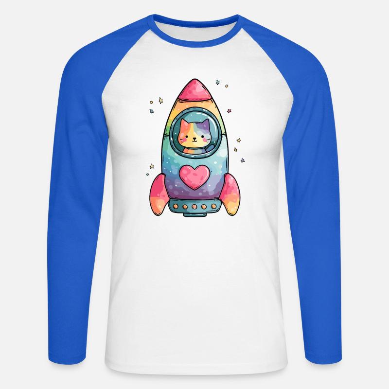 Rainbow Rocket Katze Herz - Unisex Baseballshirt langarm - WeiĂź/Royalblau