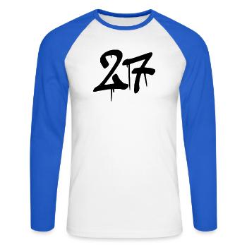 27 - Unisex Baseballshirt langarm - Weiß/Royalblau - Vorne - Nik (191cm)