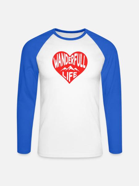 Wanderfull Life, Wander-Herz mit Bergsilhouetten - Unisex Baseballshirt langarm - Weiß/Royalblau