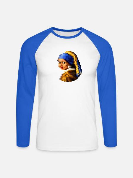 Das Mädchen mit dem pixeligen Perlenohrring - Unisex Baseballshirt langarm - Weiß/Royalblau