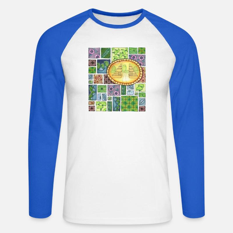Bali temple on pattern patchwork - Unisex Baseballshirt langarm - Weiß/Royalblau