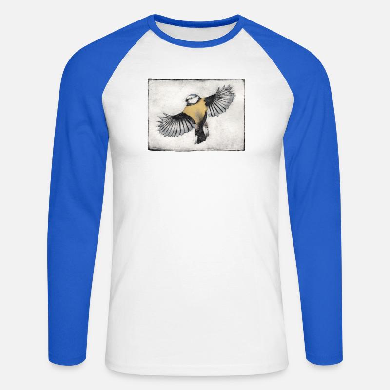 Vogel im Flug - handgeschnitzte Druckvorlage - Unisex Baseballshirt langarm - Weiß/Royalblau