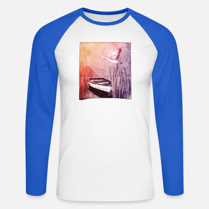Boot am See - handgeschnitzte Druckvorlage - Unisex Baseballshirt langarm - Weiß/Royalblau