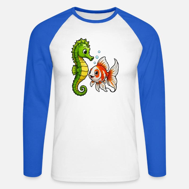 Unterwasserfreunde Seepferdchen Goldfisch - Unisex Baseballshirt langarm - Weiß/Royalblau