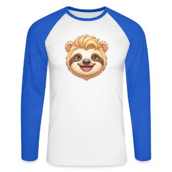Happy Cartoon Sloth Face with Cool Hair - Unisex Long Sleeve Baseball T-Shirt - white/royal blue - Front - Nik (191cm)