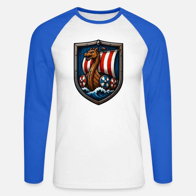 Wikinger Drachenboot Schild - Unisex Baseballshirt langarm - Weiß/Royalblau