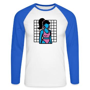 Fitness Girl Vaporwave des années 90 - T-shirt baseball manches longues Homme - blanc/bleu royal - Devant - Nik (191cm)