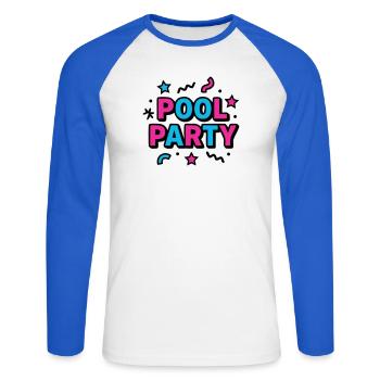 Pool Party 90er Schriftzug - Unisex Baseballshirt langarm - Weiß/Royalblau - Vorne - Nik (191cm)