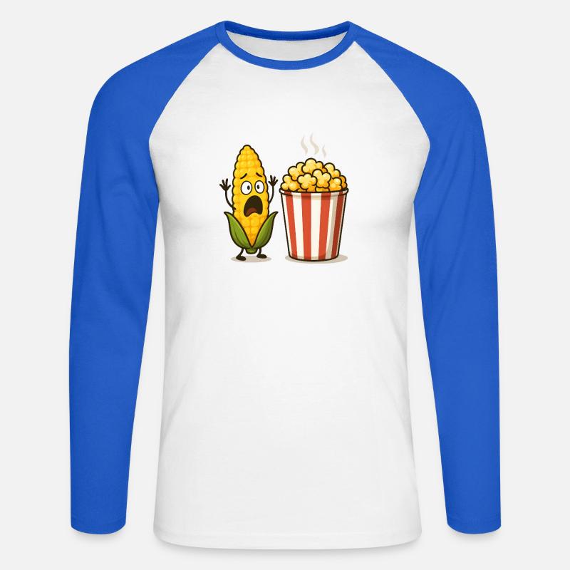Schockiertes Mais-Popcorn - Unisex Baseballshirt langarm - Weiß/Royalblau