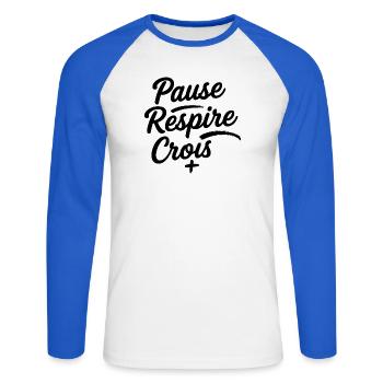 Pause Respire Crois Script - T-shirt baseball manches longues Homme - blanc/bleu royal - Devant - Nik (191cm)