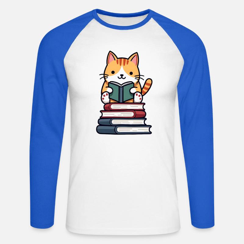 Katze liest ein Buch - Unisex Baseballshirt langarm - Weiß/Royalblau