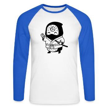 Sushi Samurai Kawaii - T-shirt baseball manches longues Homme - blanc/bleu royal - Devant - Nik (191cm)