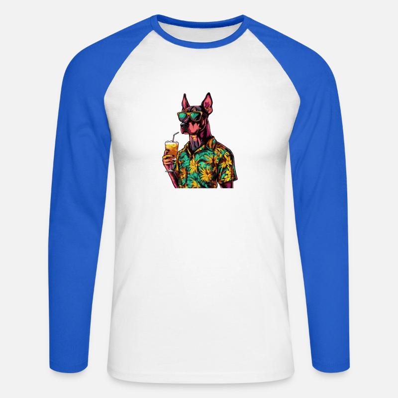 Dobermann Hund Comic Sommer - Unisex Baseballshirt langarm - Weiß/Royalblau