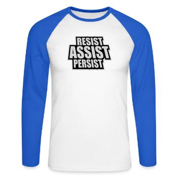 Resist Assist Persist Activism Motivation Logo - Unisex Long Sleeve Baseball T-Shirt - white/royal blue - Front - Nik (191cm)