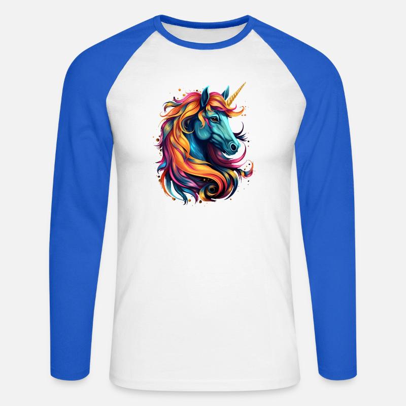 Regenbogen-Einhorn Kopfkunst - Unisex Baseballshirt langarm - Weiß/Royalblau
