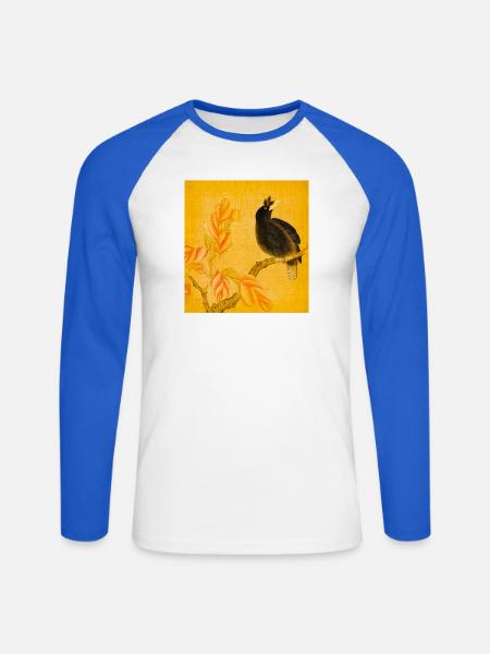 Schwarzer Singvogel auf gelben Blüten - Unisex Baseballshirt langarm - Weiß/Royalblau