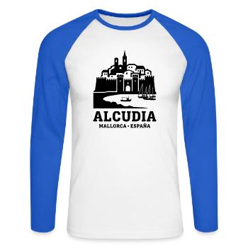 Alcudia Mallorca Spanien Silhouette Wahrzeichen - Unisex Baseballshirt langarm - Weiß/Royalblau - Vorne - Nik (191cm)