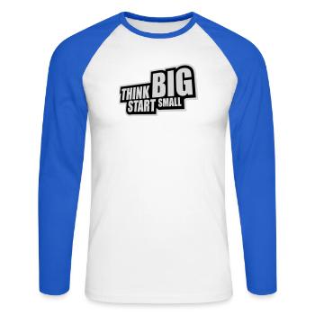 Pensez Grand, Commence, Petit, Motivation, Mentalité, Évolution. - T-shirt baseball manches longues Homme - blanc/bleu royal - Devant - Nik (191cm)