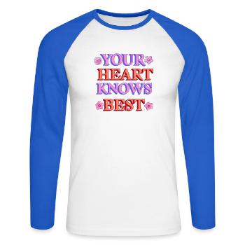 Dein Herz weiß es am besten - Unisex Baseballshirt langarm - Weiß/Royalblau - Vorne - Nik (191cm)