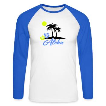 Aloha Hibiscus Neon Script - Unisex Long Sleeve Baseball T-Shirt - white/royal blue - Front - Nik (191cm)