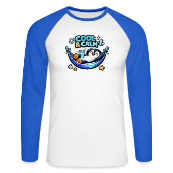 Cool & Calm Penguin Relaxed - Unisex Long Sleeve Baseball T-Shirt - white/royal blue - Front - Nik (191cm)