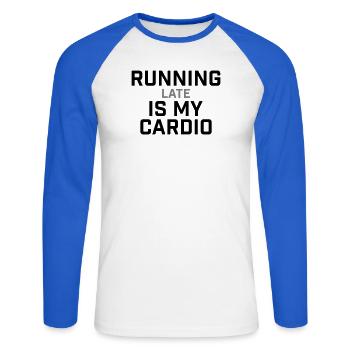 Running Late Is My Cardio Saying - Unisex Long Sleeve Baseball T-Shirt - white/royal blue - Front - Nik (191cm)