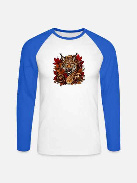 Herbst Wildkatze im Laubwald - Unisex Baseballshirt langarm - Weiß/Royalblau