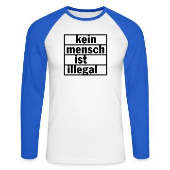 Kein Mensch ist illegal (Farbe änderbar) - Unisex Baseballshirt langarm - Weiß/Royalblau - Vorne - Nik (191cm)