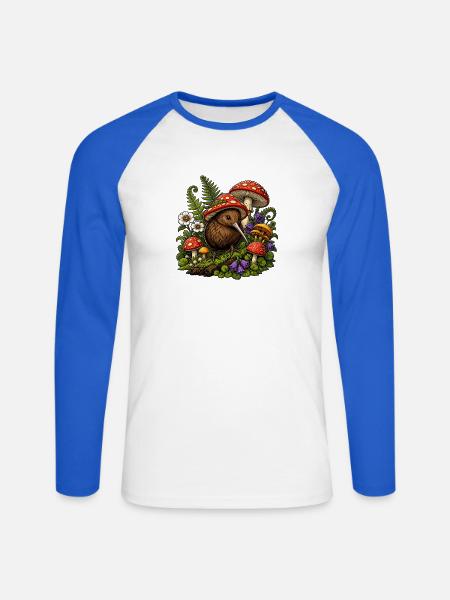 Kiwi im Pilzreich Farbintensive Waldszene - Unisex Baseballshirt langarm - Weiß/Royalblau