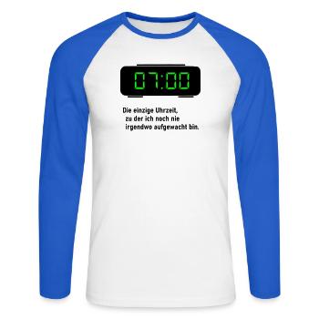 Die einzige Uhrzeit - Unisex Baseballshirt langarm - Weiß/Royalblau - Vorne - Nik (191cm)