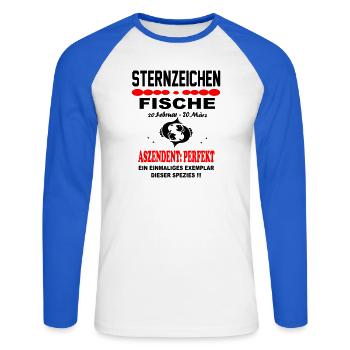 Fische Sternzeichen Horoskop Aszendent Perfekt - Unisex Baseballshirt langarm - Weiß/Royalblau - Vorne - Nik (191cm)