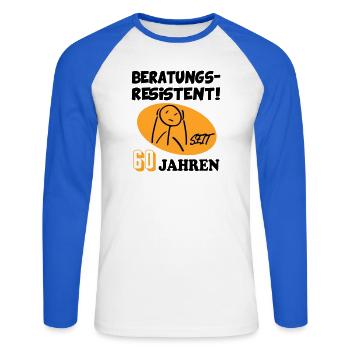 Comic Geburtstag 60 Jahre Happy Birthday - Unisex Baseballshirt langarm - Weiß/Royalblau - Vorne - Nik (191cm)