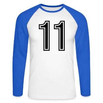 11 Number Symbol - Unisex Long Sleeve Baseball T-Shirt - white/royal blue - Front - Nik (191cm)