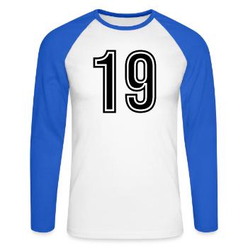 Symbole numérique 19 - T-shirt baseball manches longues Homme - blanc/bleu royal - Devant - Nik (191cm)