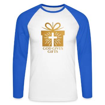 God Gives Gifts - sand colored - Unisex Long Sleeve Baseball T-Shirt - white/royal blue - Front - Nik (191cm)