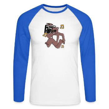 Ourson DJ rétro avec boombox - T-shirt baseball manches longues Homme - blanc/bleu royal - Devant - Nik (191cm)
