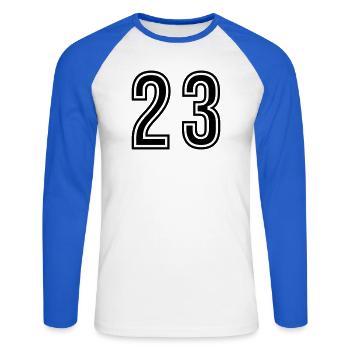 23 Zahl symbol - Unisex Baseballshirt langarm - Weiß/Royalblau - Vorne - Nik (191cm)