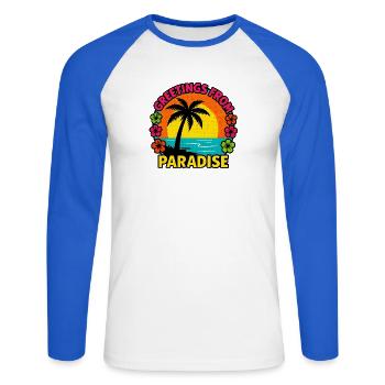 Greetings From Paradise - Unisex Long Sleeve Baseball T-Shirt - white/royal blue - Front - Nik (191cm)