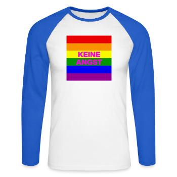 KEINE ANGST VOR FASCHISTEN, NO NZS, NIE WIEDER - Unisex Baseballshirt langarm - Weiß/Royalblau - Vorne - Nik (191cm)