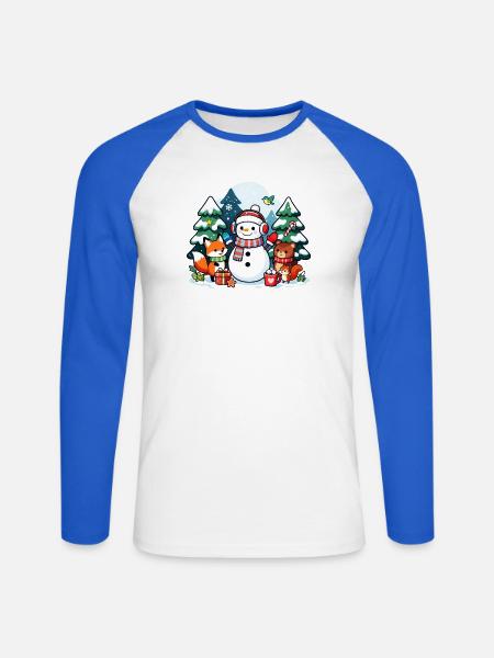 Cozy Snowman with Winter Friends - Unisex Long Sleeve Baseball T-Shirt - white/royal blue
