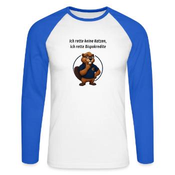 Benno Biber Banker - Dispokredite - Unisex Baseballshirt langarm - Weiß/Royalblau - Vorne - Nik (191cm)