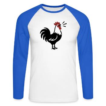 Rooster Crows Farm Logo - Unisex Long Sleeve Baseball T-Shirt - white/royal blue - Front - Nik (191cm)